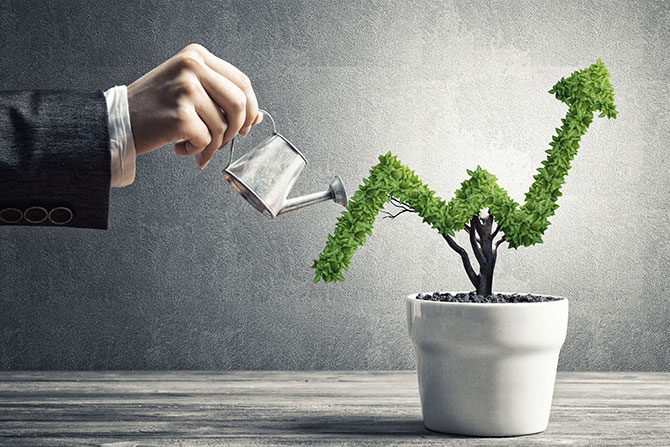 Hand watering a tree designed to look like an upwards graph