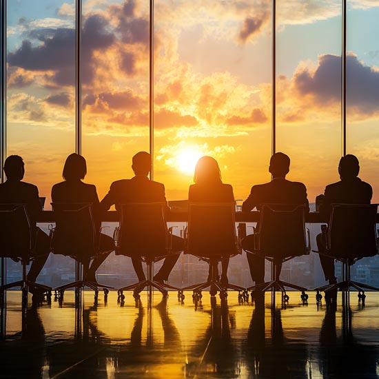 Board of Directors. Executives sitting at conference table overlooking city.